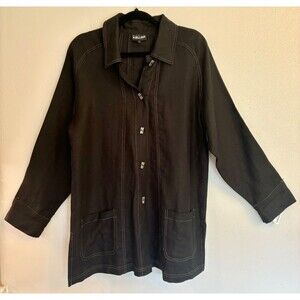 BLACK LINEN JACKET Nannette Keller  ART‎ buttons, Collar Split Sides Small